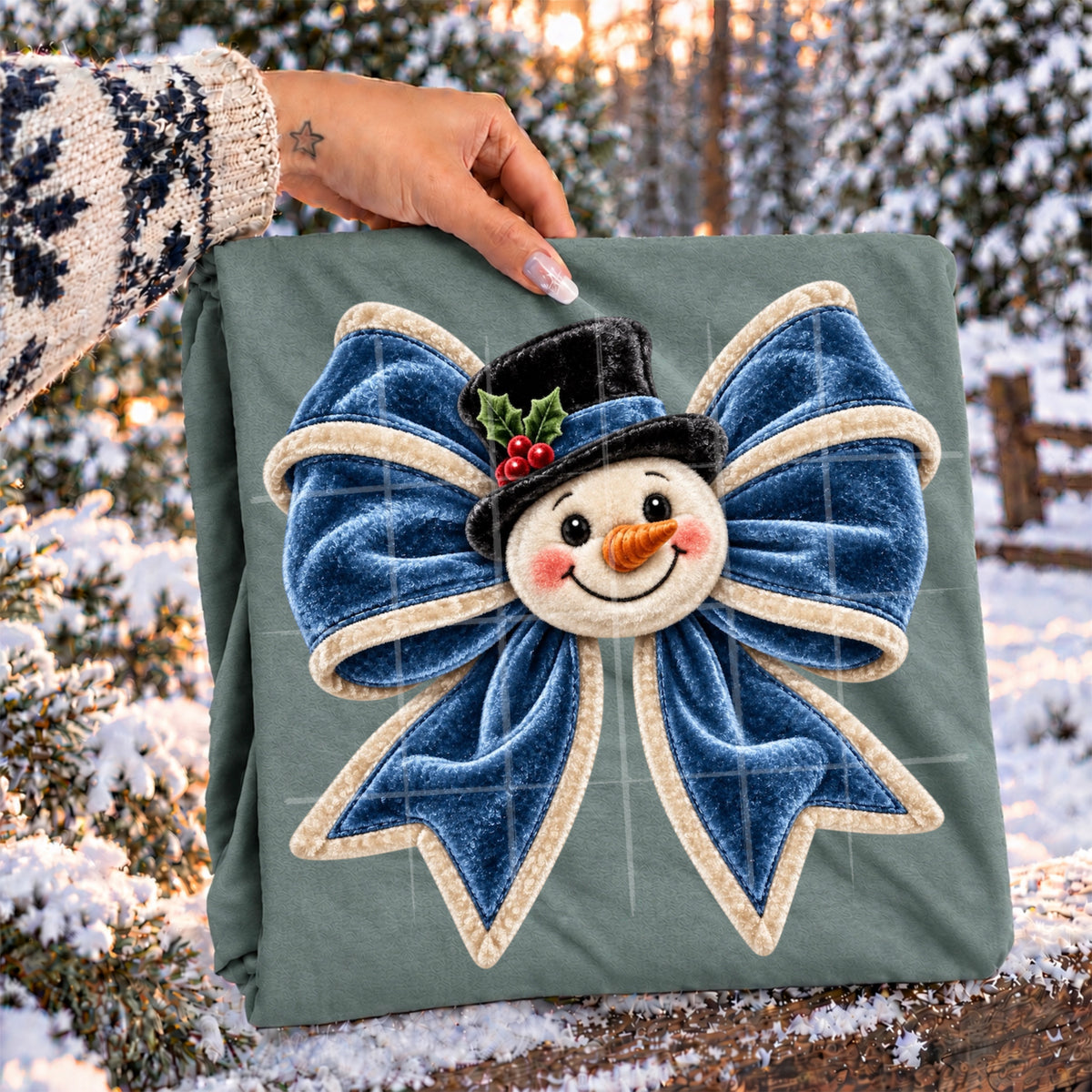 VELVET BOW WITH SNOWMAN